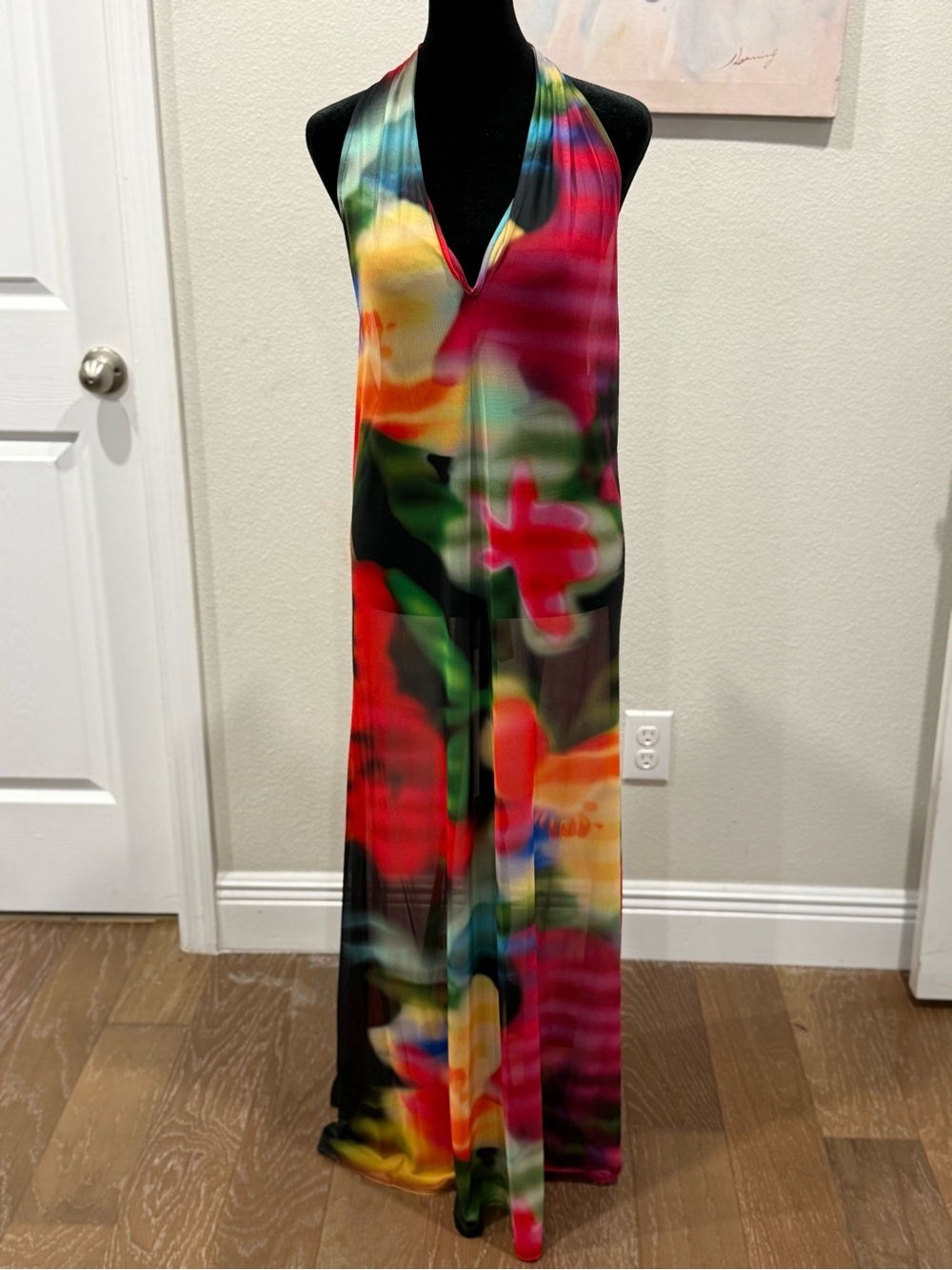 Natori Multicolor Halter Maxi Dress with Abstract Floral Motif